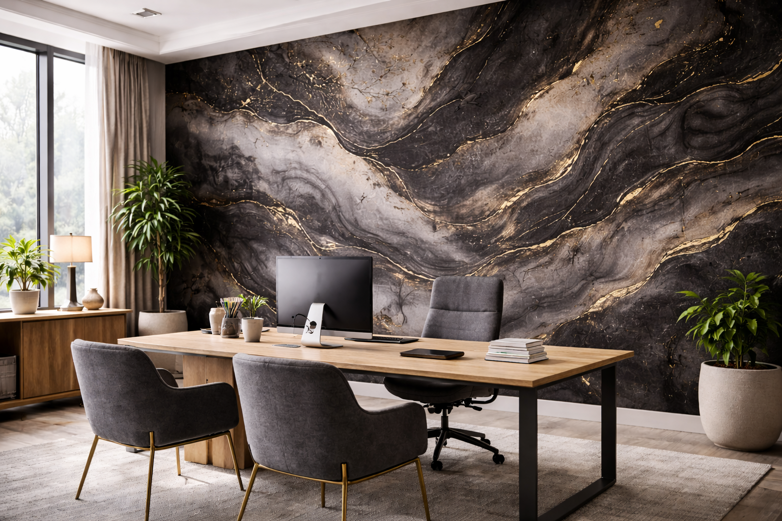 Decorative wallcovering in a polished commercial interior
