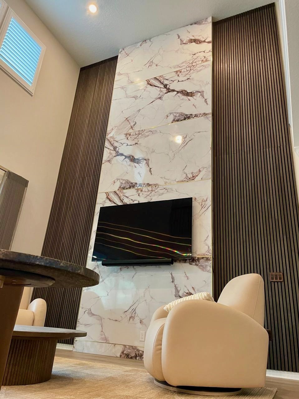 Statement wallcovering in a contemporary media room